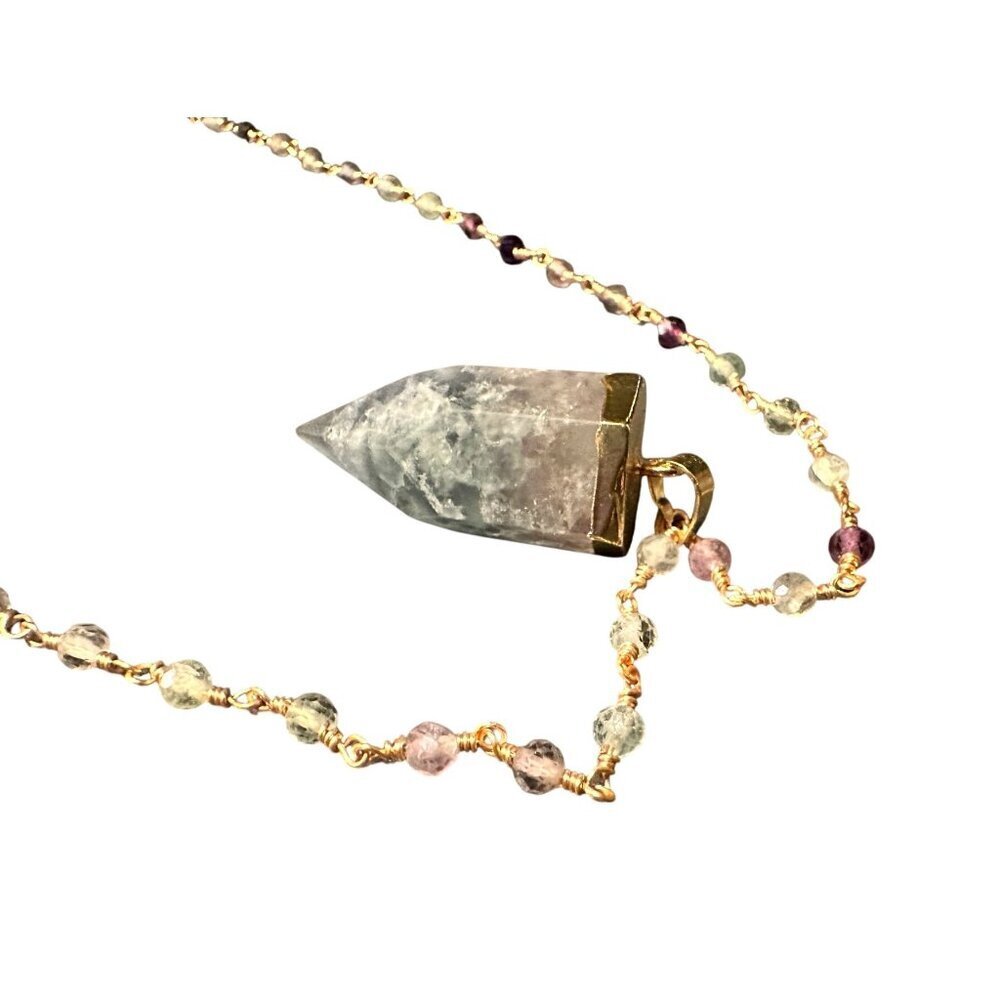 Handmade Crystal Point Pendant Necklace With Multicolor Beaded Chain & Gold - Picture 4 of 10